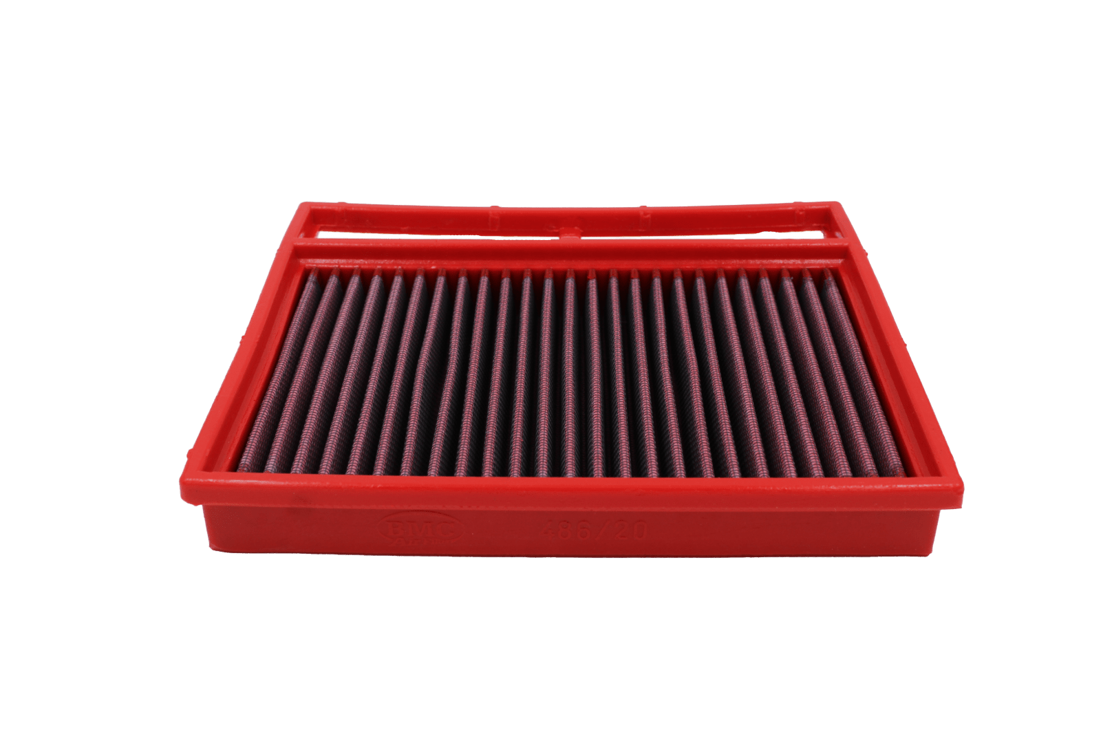 BMC FB486/20 red cotton replacement panel air filter, handled low three-quarter view