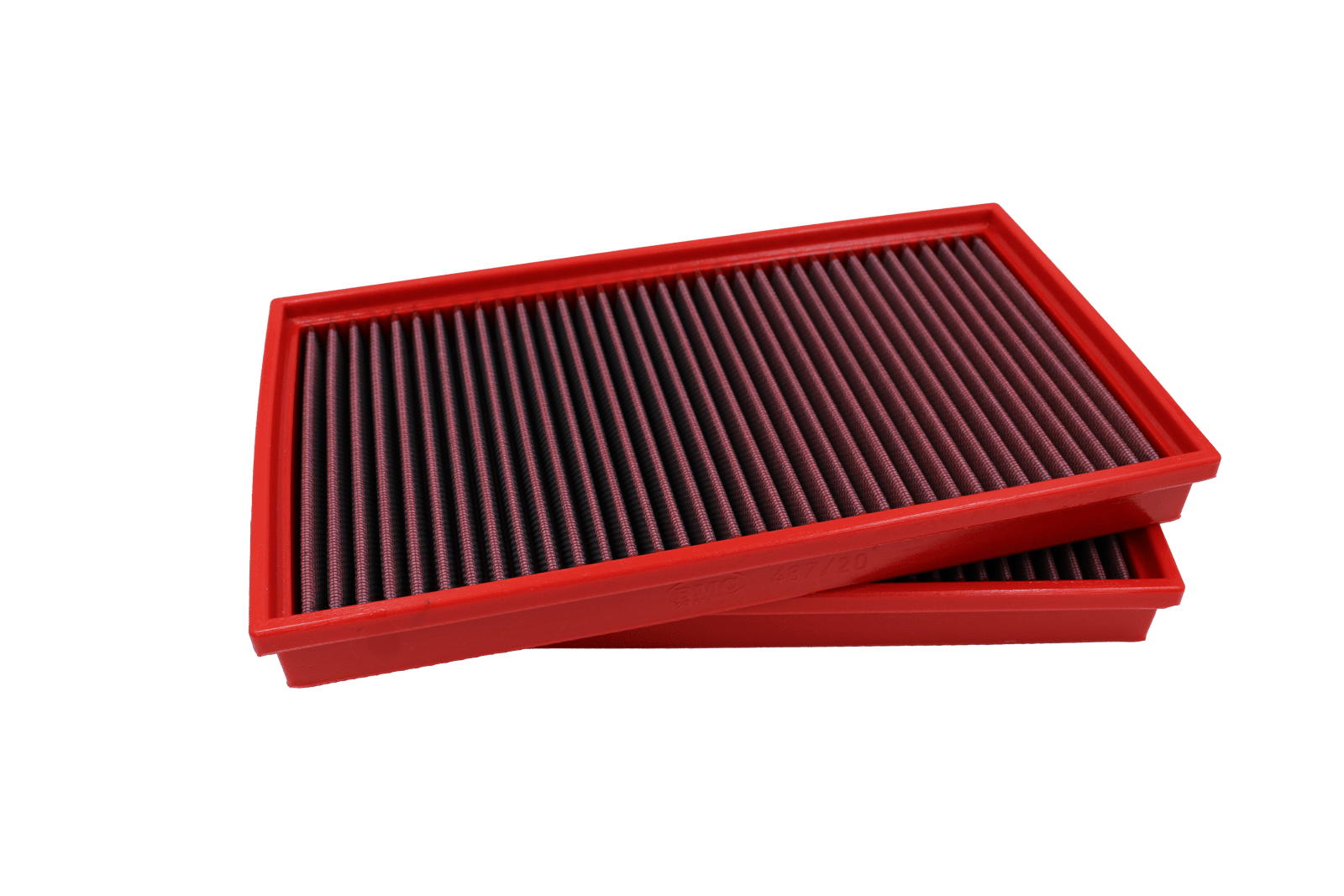 BMC FB487/20 red cotton replacement panel air filter, two-filter stacked three-quarter view