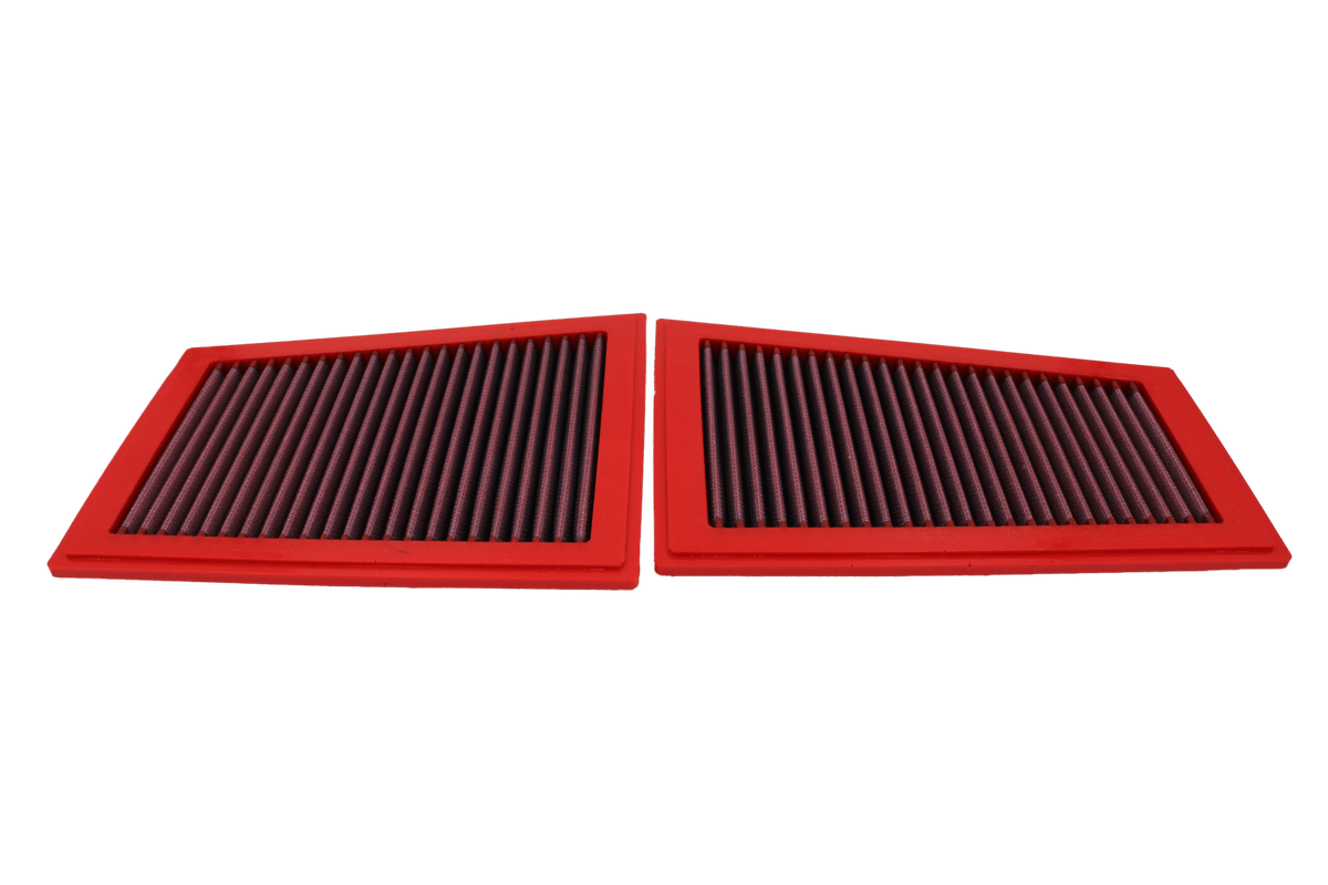 BMC FB497/20 red cotton replacement panel air filter, two-filter face-on view