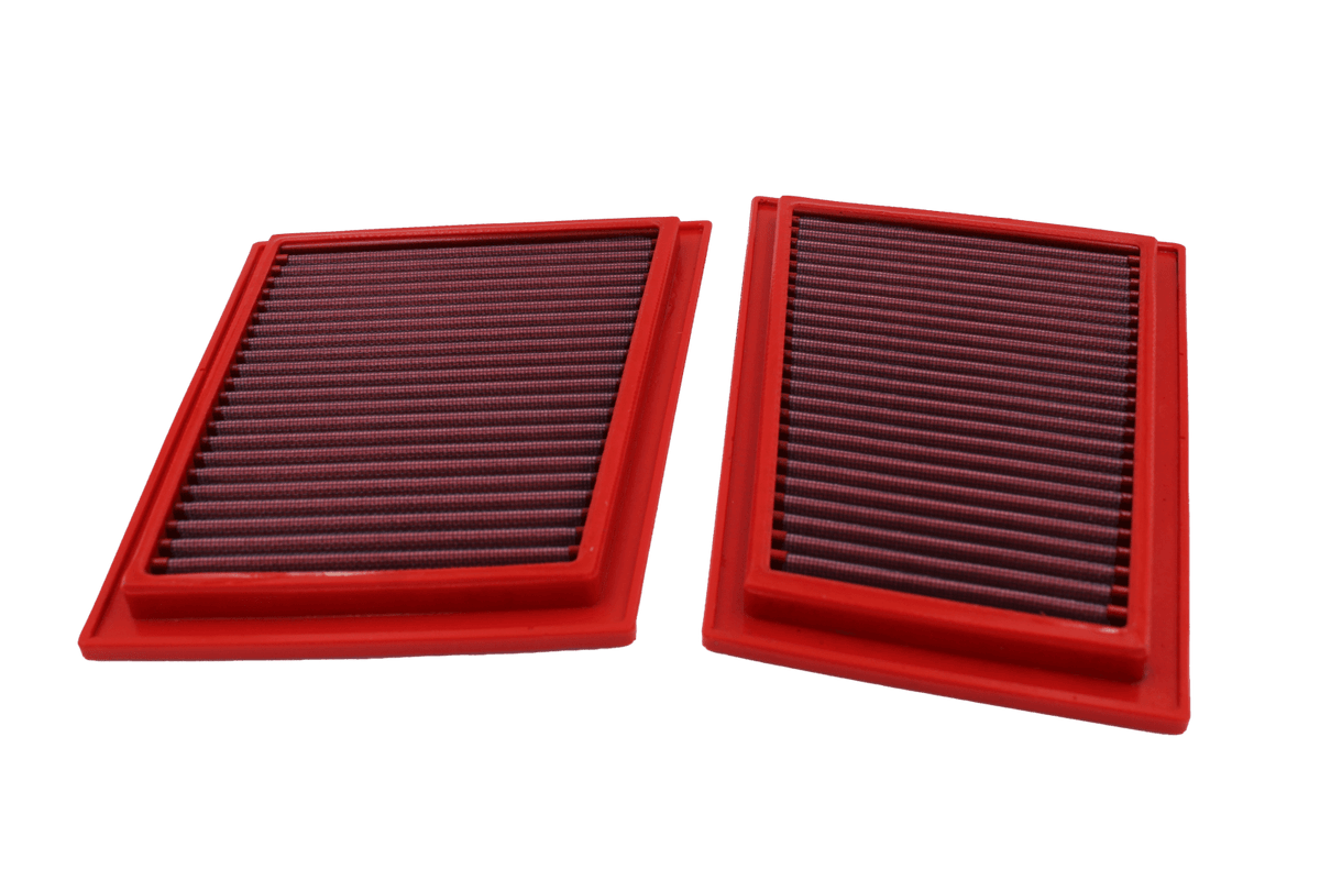 BMC FB497/20 red cotton replacement panel air filter, two-filter upright three-quarter view
