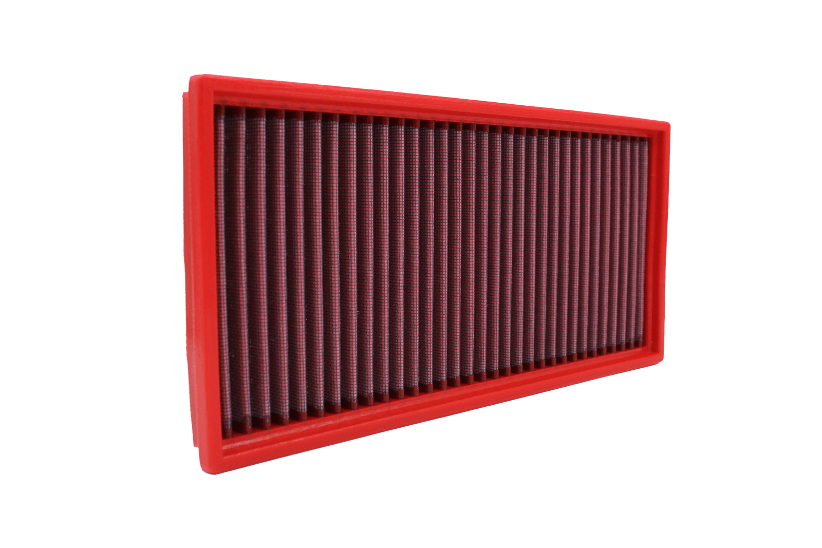 BMC FB521/20 red cotton replacement panel air filter, upright three-quarter view