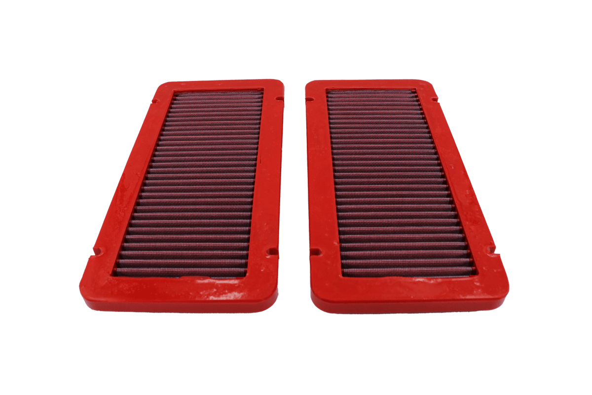 BMC FB523/03 red cotton replacement panel air filter, two-filter face-on view