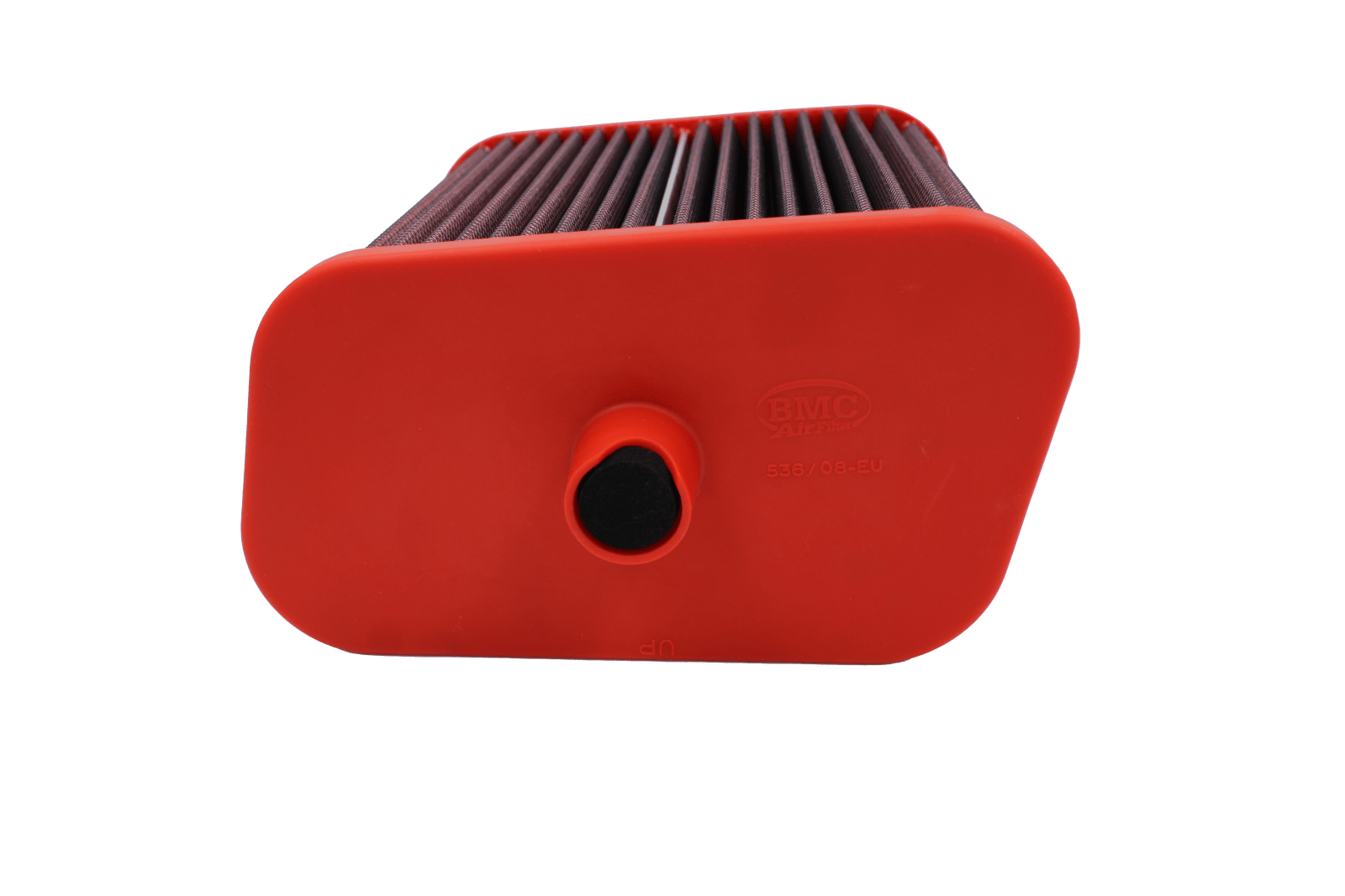BMC FB536/08 red cotton replacement air filter assembly, assembly closed-end three-quarter view