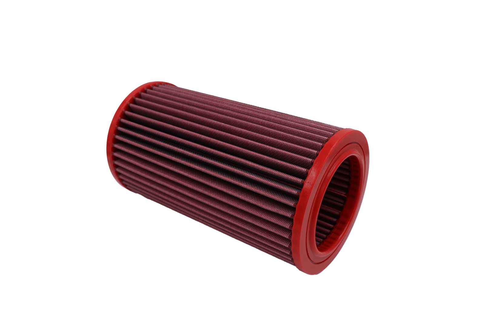 BMC FB543/08 red cotton replacement cylindrical air filter, inlet-end three-quarter view