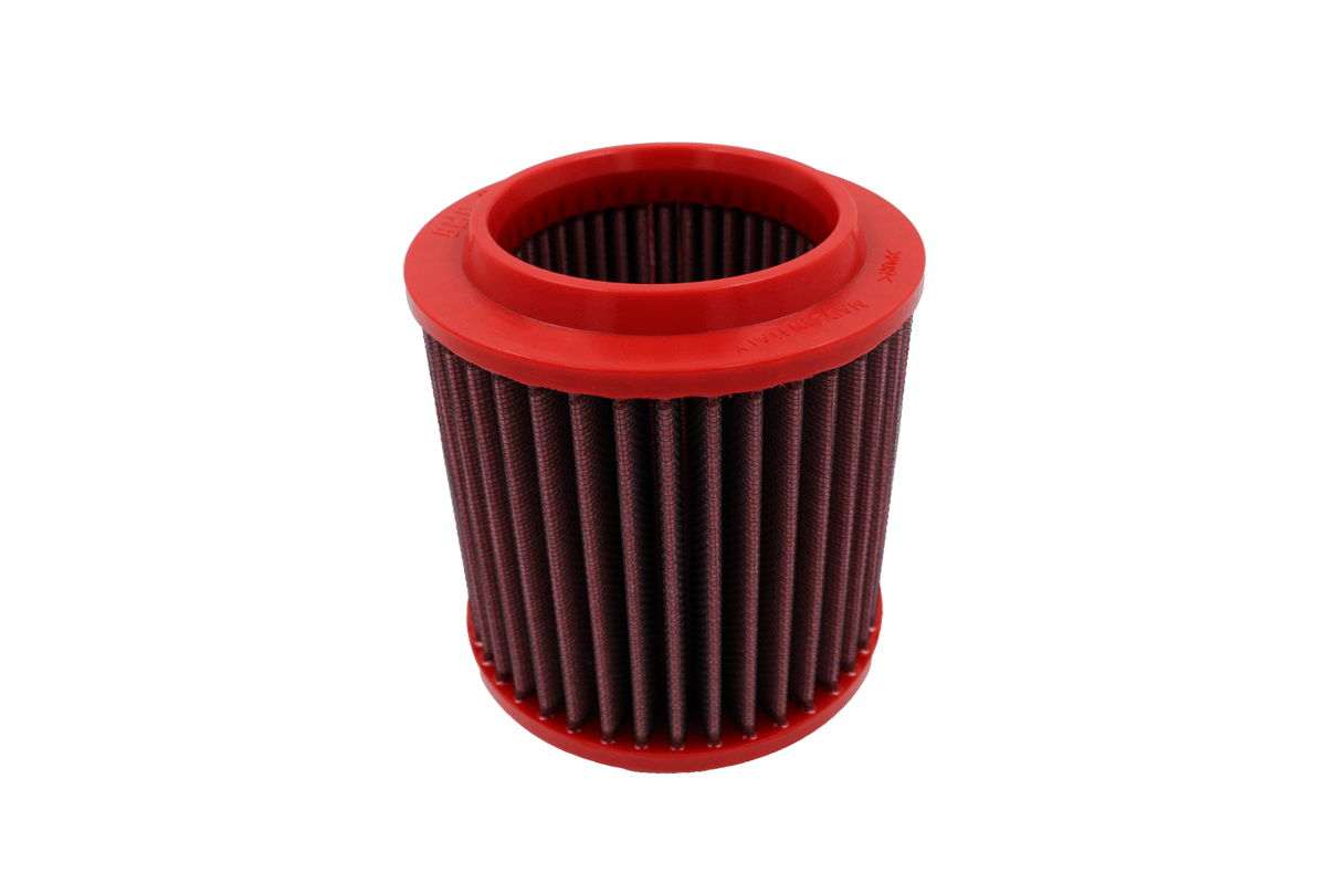 BMC FB544/08 red cotton replacement cylindrical air filter, upright inlet-side view