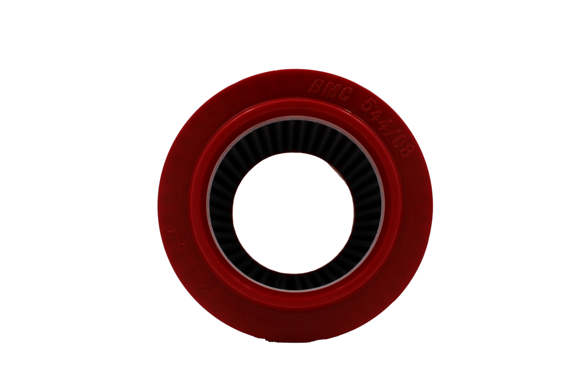 BMC FB544/08 red cotton replacement cylindrical air filter, inlet-end face-on view