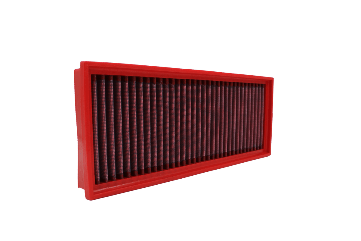 BMC FB545/20 red cotton replacement panel air filter, upright three-quarter view