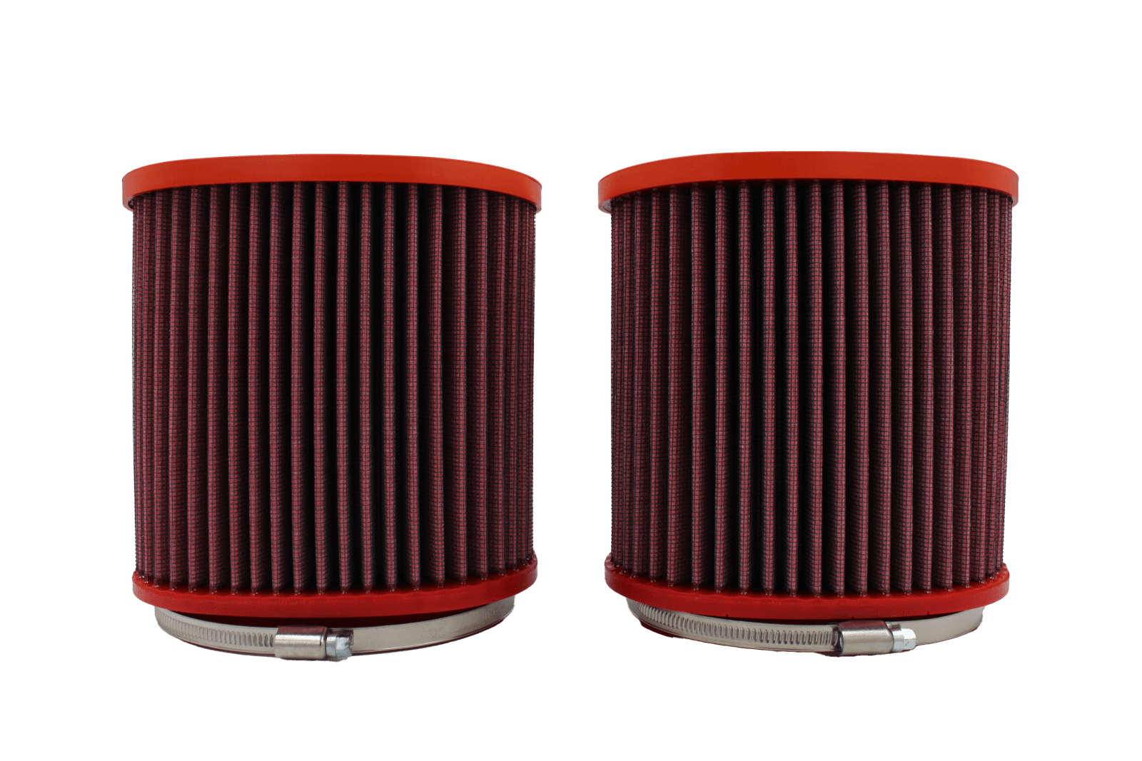 BMC FB550/08 red cotton replacement cylindrical air filter, two-filter upright clamp-side view