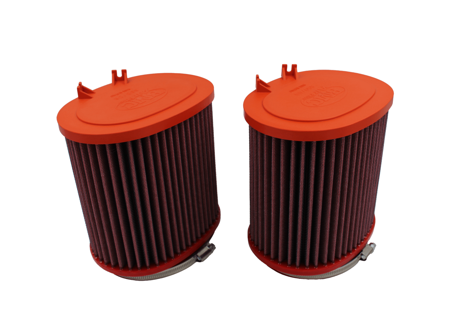 BMC FB550/08 red cotton replacement cylindrical air filter, two-filter closed-top three-quarter view