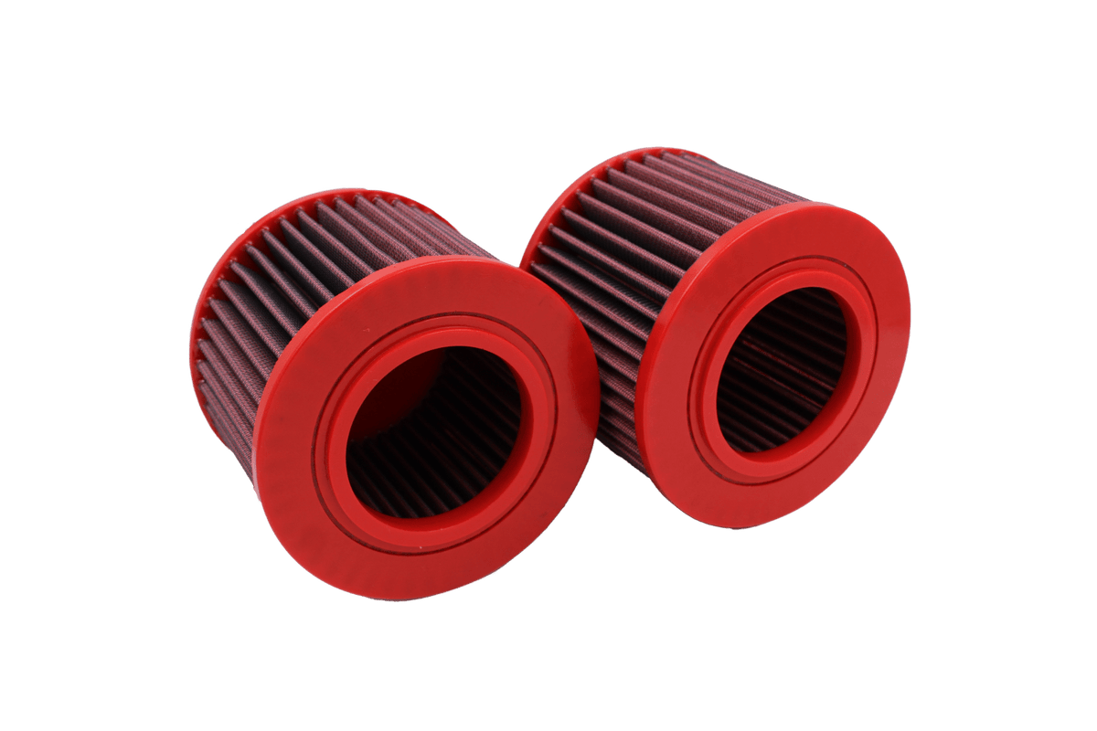 BMC FB562/08 red cotton replacement cylindrical air filter, two-filter inlet-end three-quarter view
