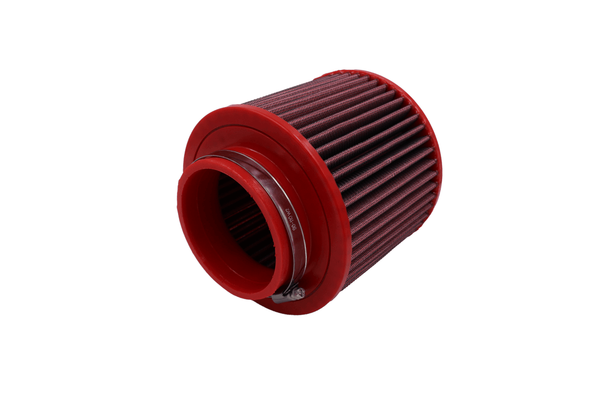 BMC FB573/08 red cotton replacement cylindrical air filter, inlet-end three-quarter view