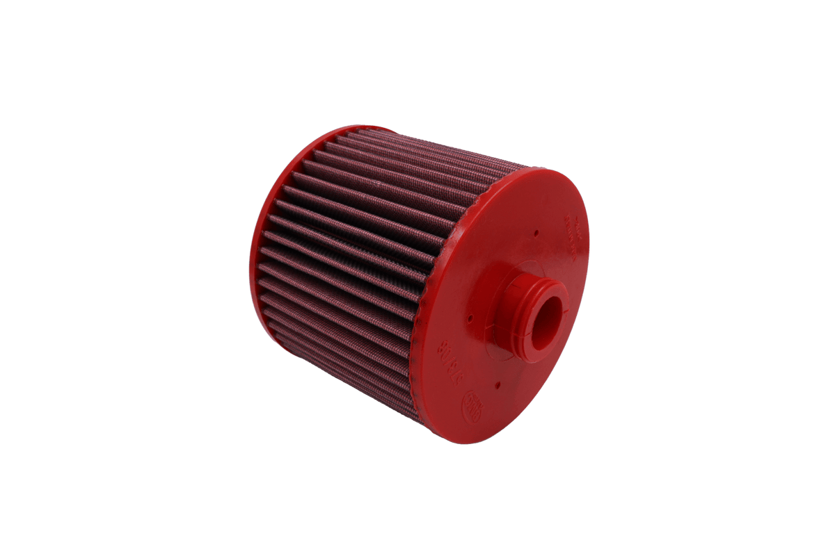 BMC FB573/08 red cotton replacement cylindrical air filter, closed-end three-quarter view