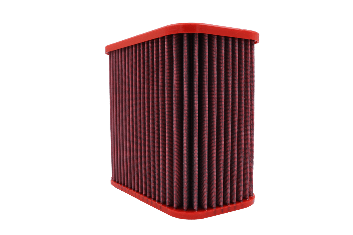 BMC FB577/08 red cotton replacement air filter assembly, upright assembly side view