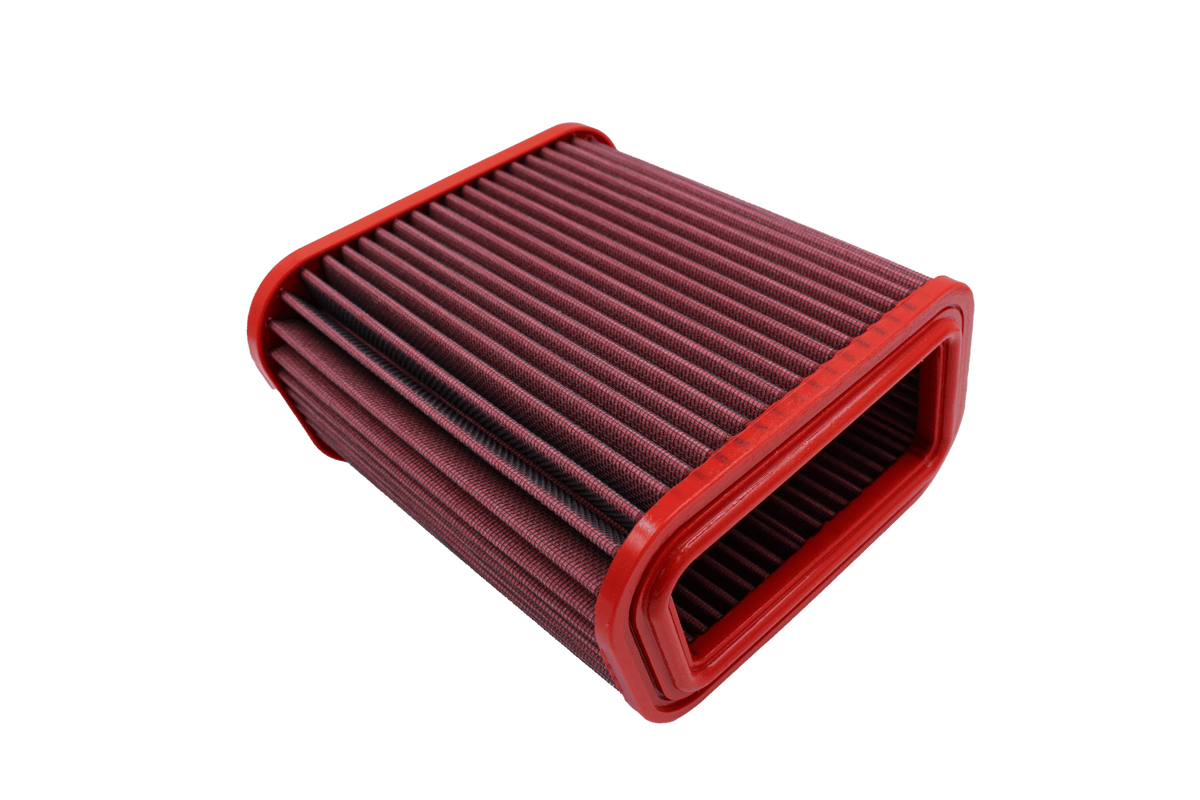 BMC FB577/08 red cotton replacement air filter assembly, assembly inlet-end three-quarter view