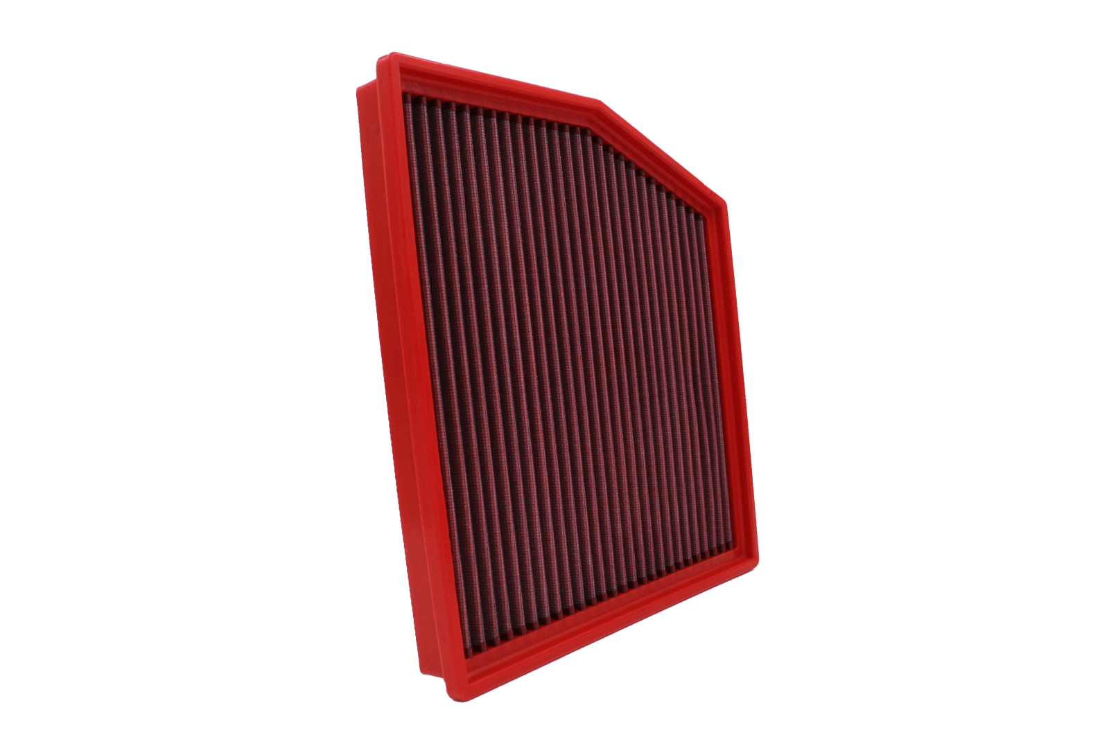 BMC FB630/20 red cotton replacement panel air filter, upright three-quarter view