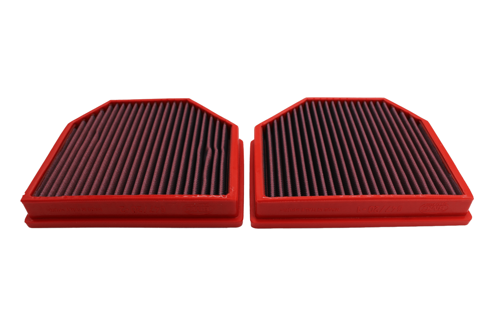 BMC FB647/20 red cotton replacement panel air filter, two-filter shaped low face view