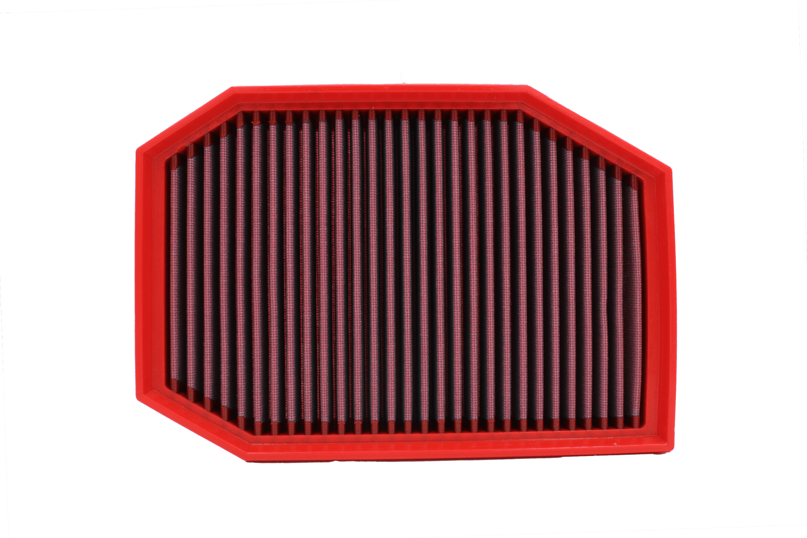 BMC FB653/20 red cotton replacement panel air filter, shaped face-on view