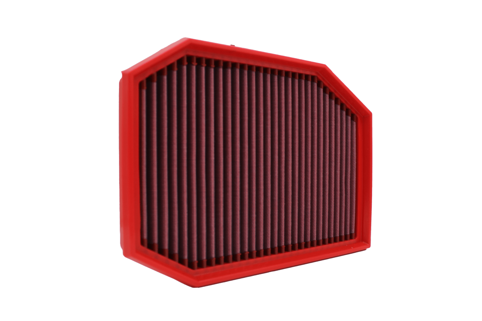 BMC FB653/20 red cotton replacement panel air filter, shaped upright three-quarter view