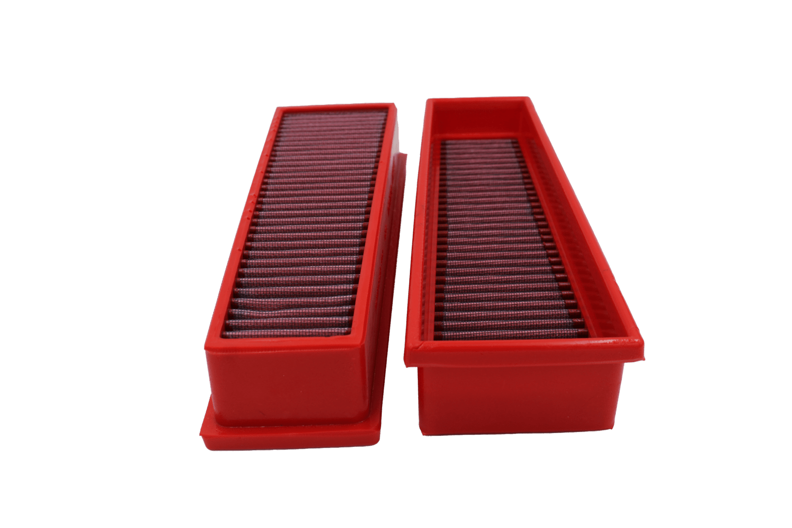 BMC FB654/20 red cotton replacement panel air filter, two-filter low three-quarter view