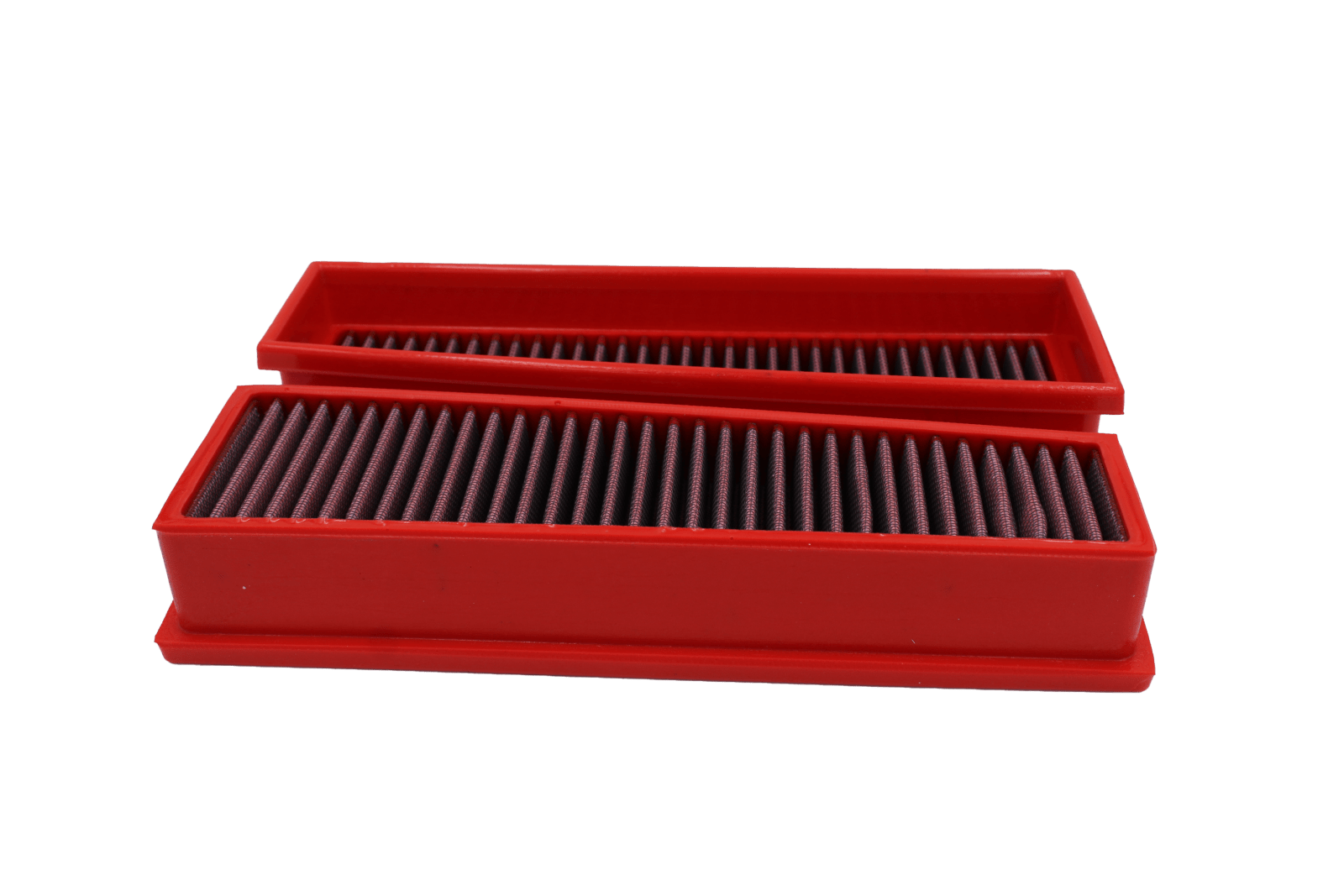 BMC FB654/20 red cotton replacement panel air filter, two-filter stacked frame-depth view