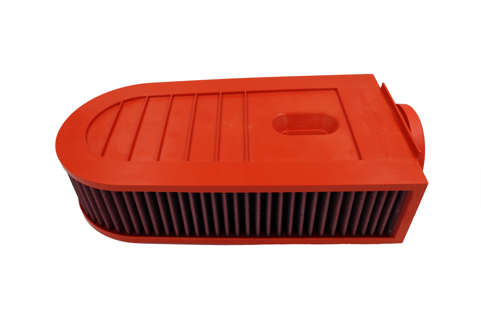 BMC FB656/04 red cotton replacement air filter assembly, assembly top three-quarter view