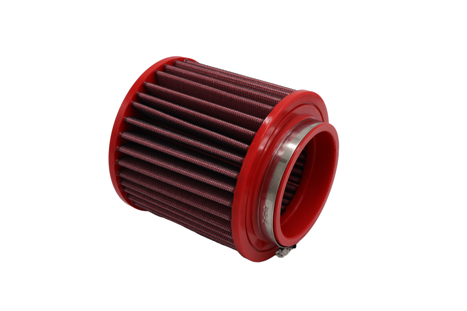 BMC FB677/08 red cotton replacement cylindrical air filter, inlet-end three-quarter view