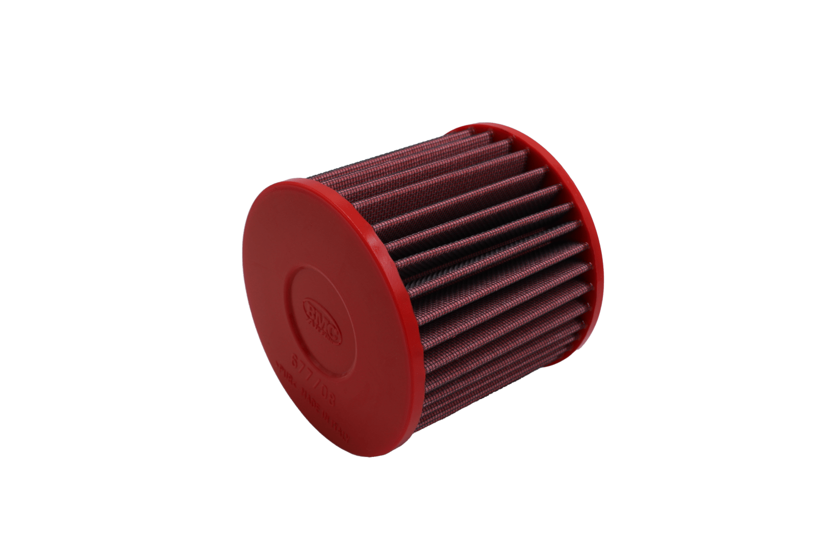BMC FB677/08 red cotton replacement cylindrical air filter, closed-end three-quarter view
