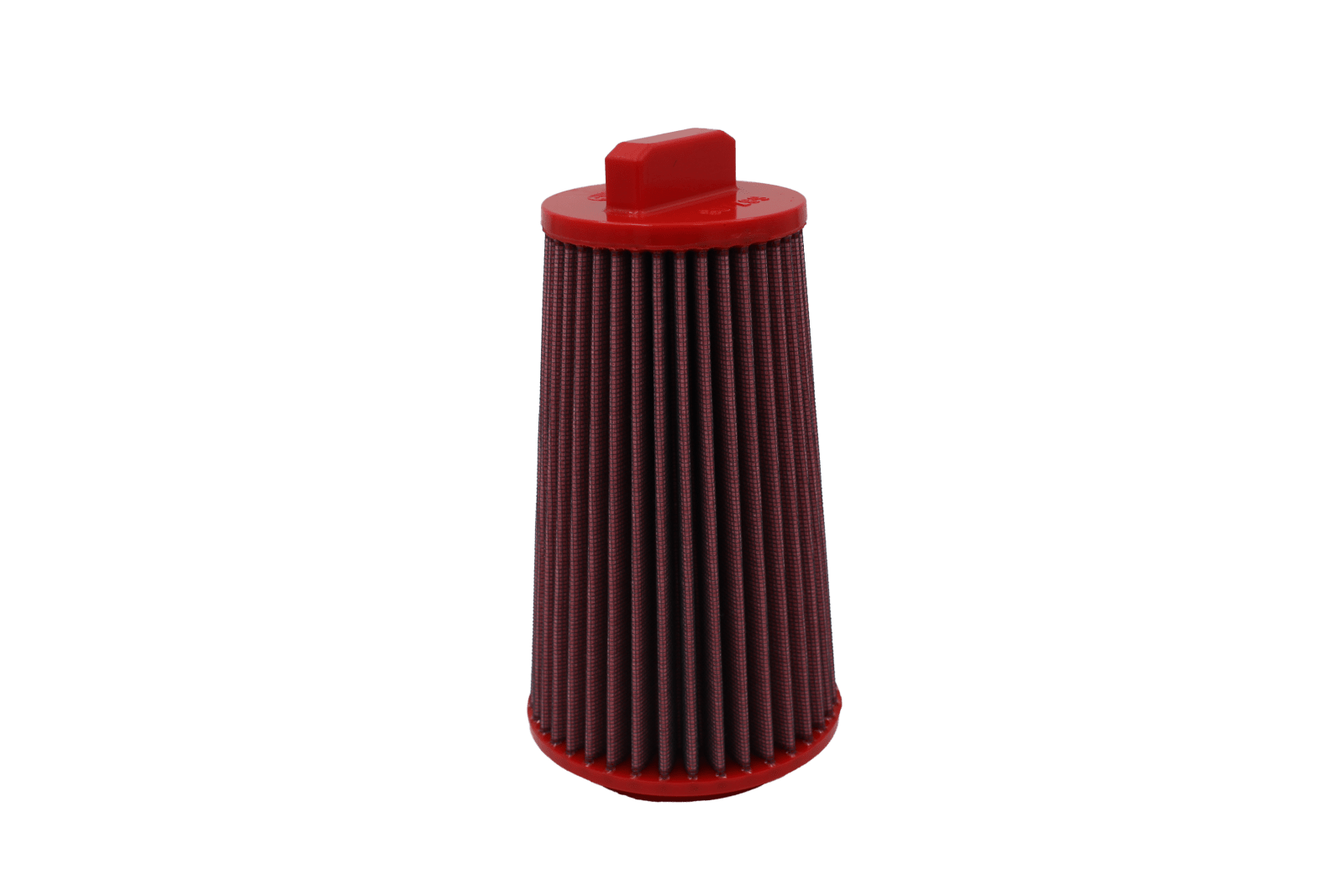 BMC FB687/08 red cotton replacement cylindrical air filter, upright side view