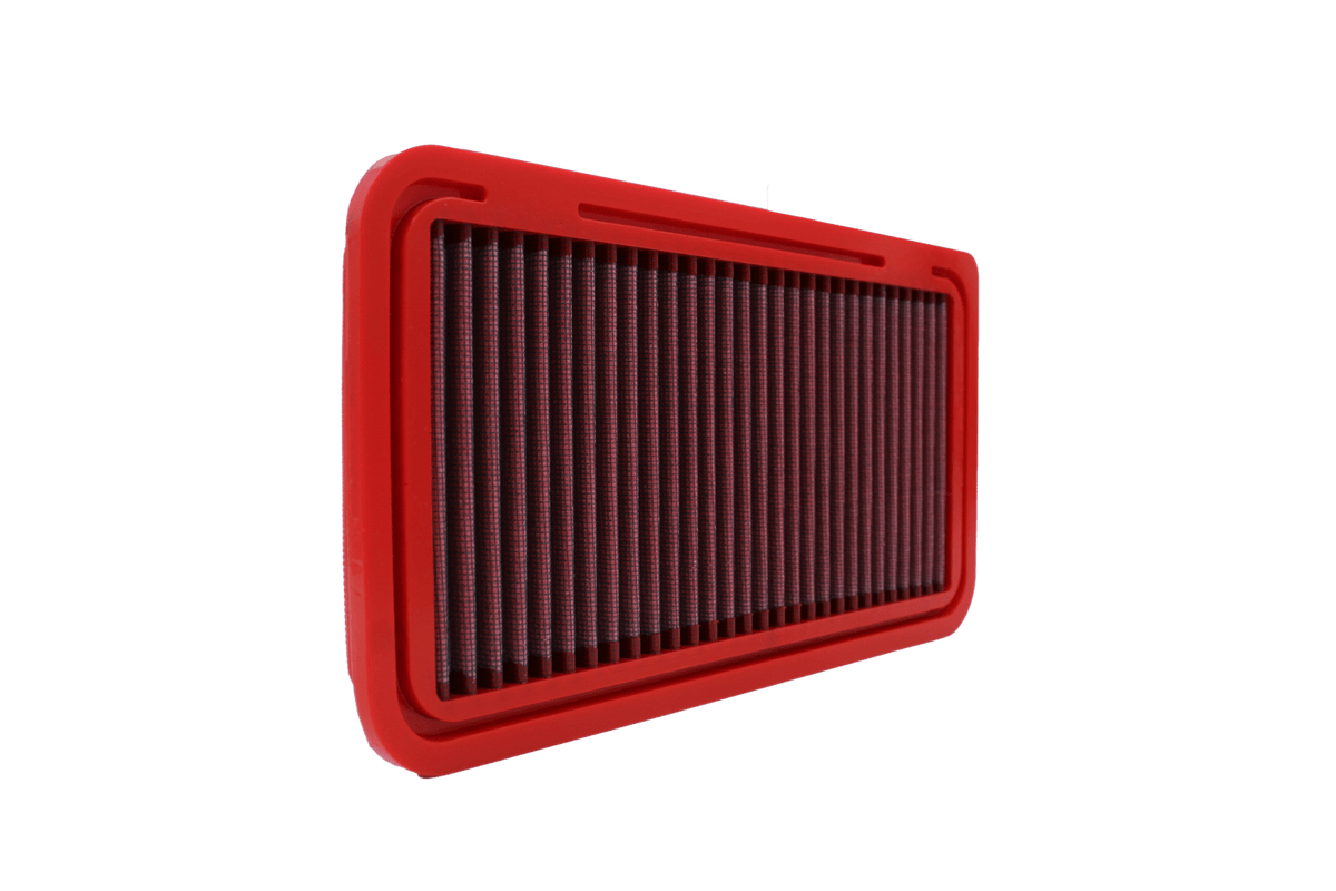 BMC FB689/01 red cotton replacement panel air filter, upright three-quarter view