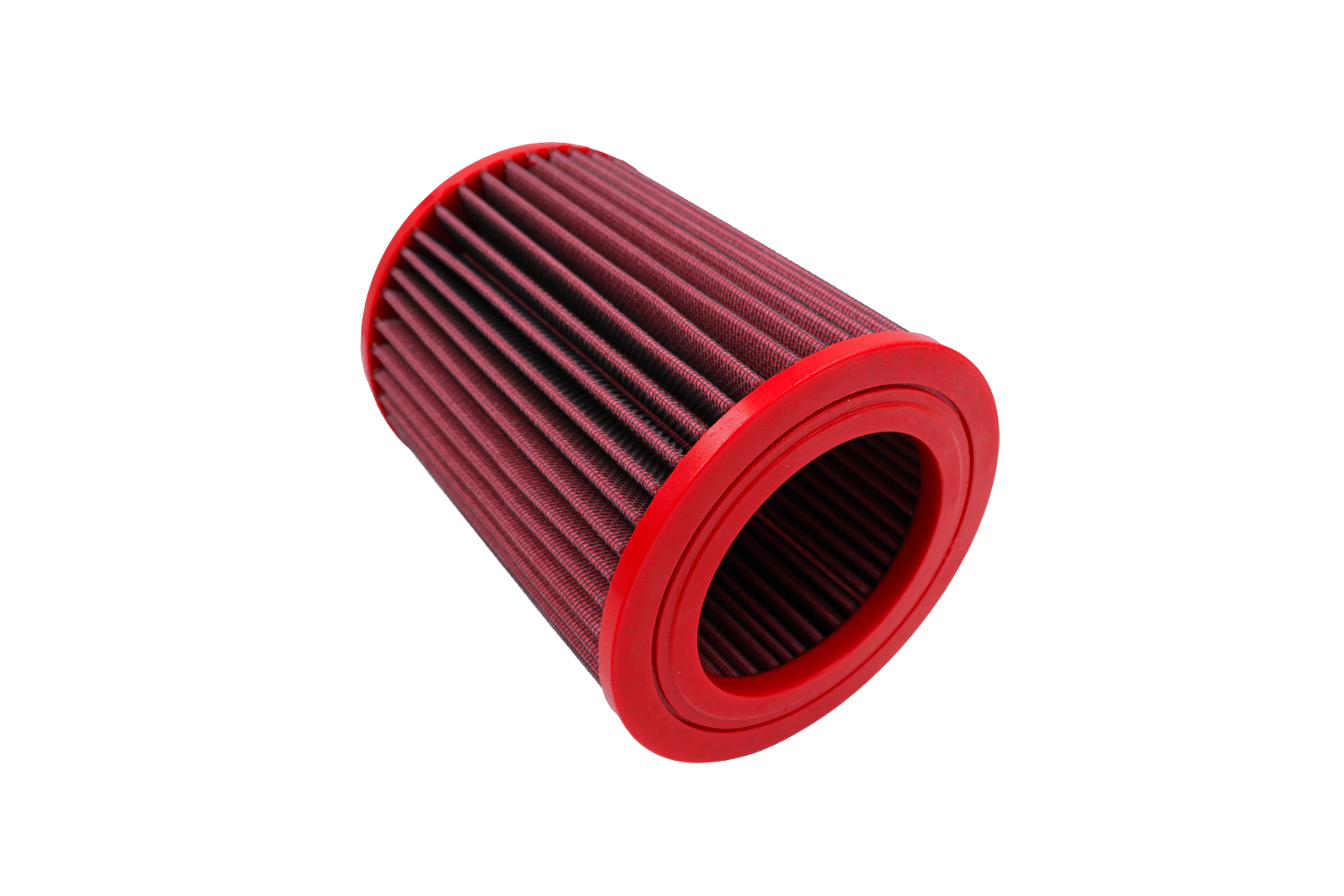 BMC FB693/08 red cotton replacement cylindrical air filter, inlet-end three-quarter view