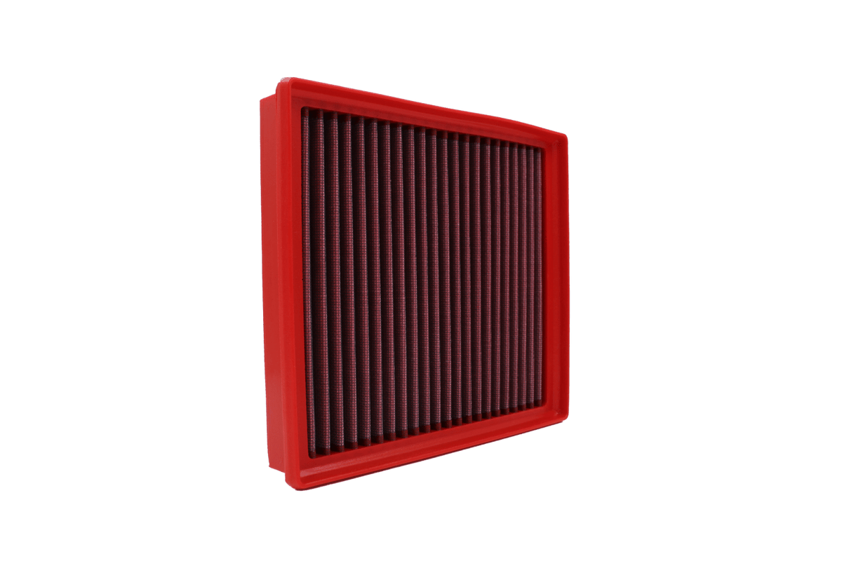 BMC FB702/20 red cotton replacement panel air filter, upright three-quarter view