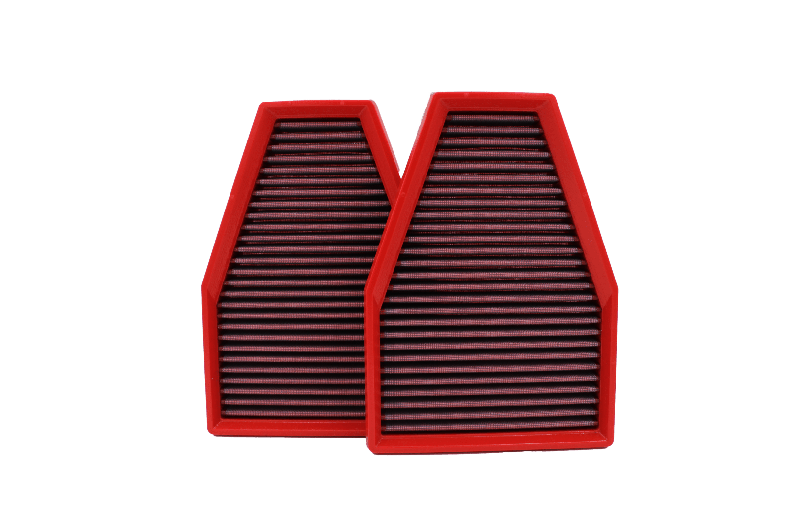 BMC FB709/01 red cotton replacement panel air filter, two-filter upright overlapping view