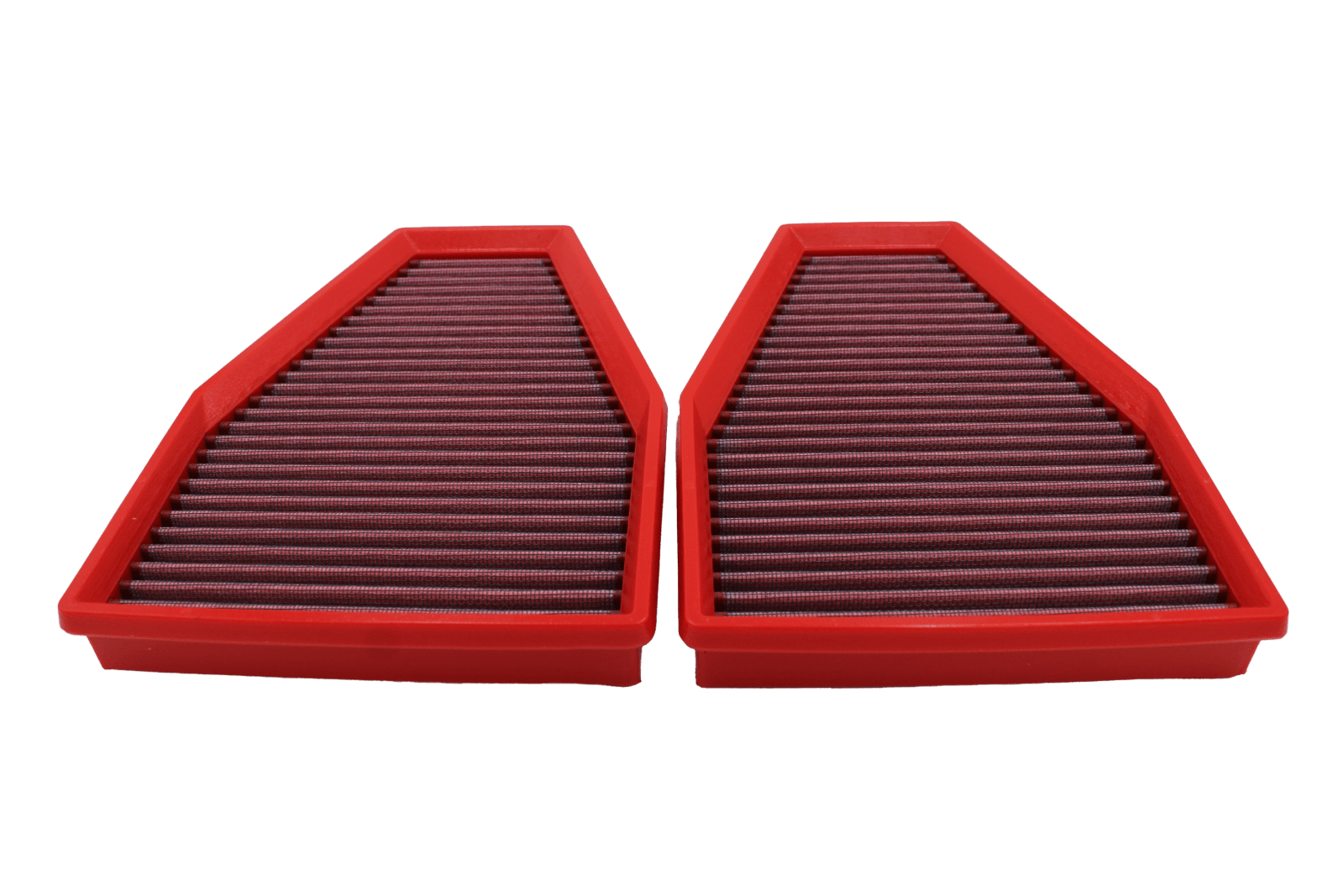 BMC FB709/01 red cotton replacement panel air filter, two-filter low three-quarter view