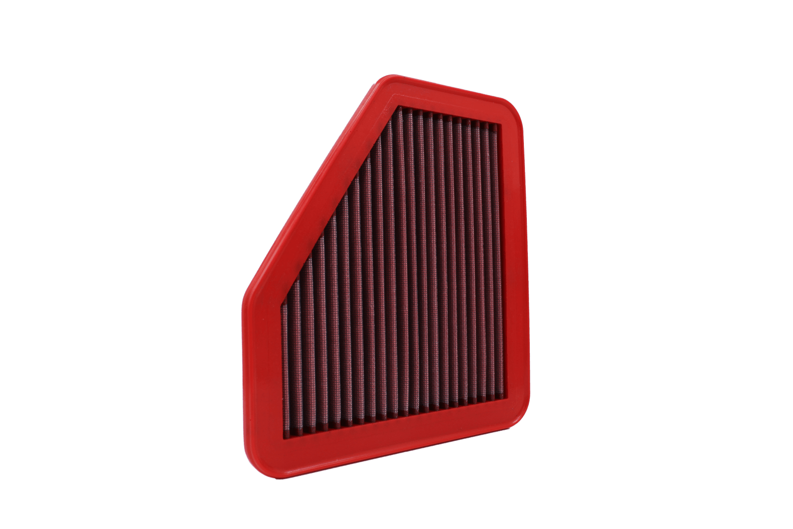 BMC FB710/20 red cotton replacement panel air filter, shaped upright three-quarter view
