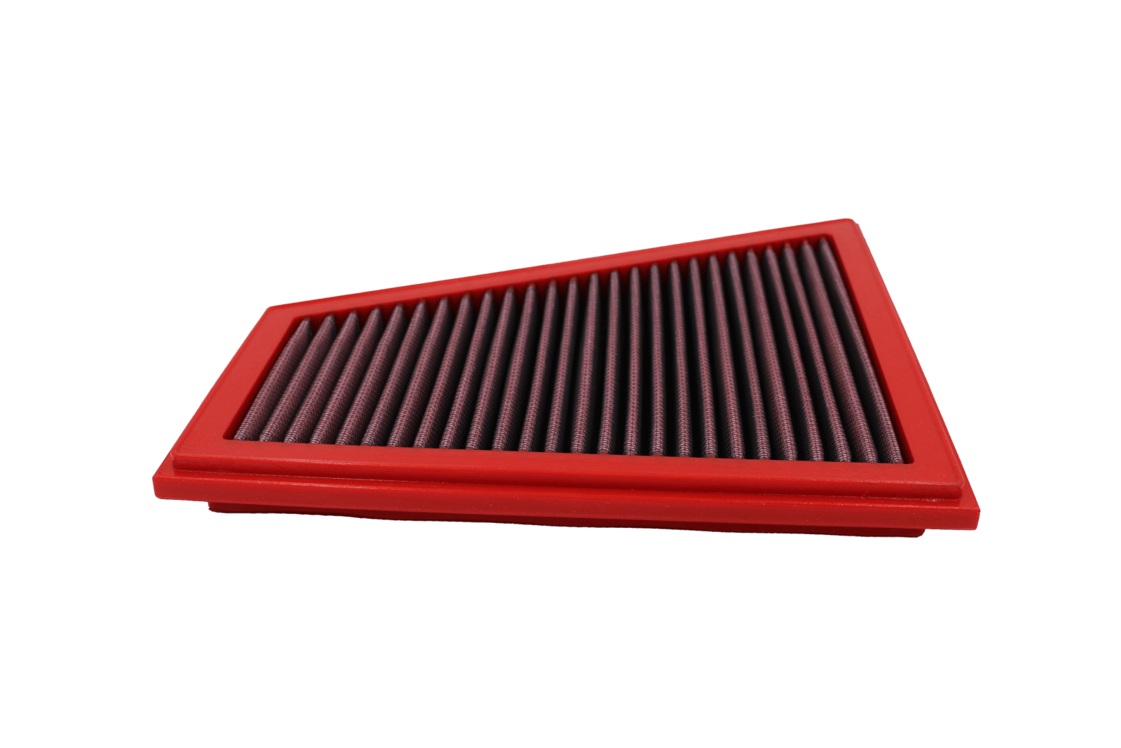 BMC FB724/01 red cotton replacement panel air filter, low three-quarter view