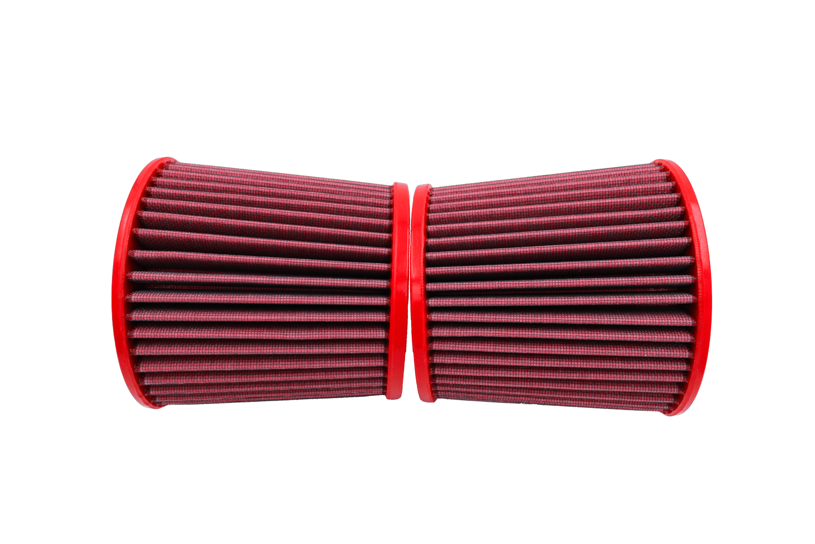 BMC FB742/08 red cotton replacement cylindrical air filter, two-filter side-profile view
