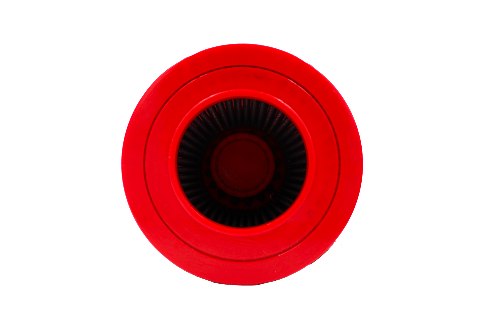 BMC FB742/08 red cotton replacement cylindrical air filter, inlet-end face-on view