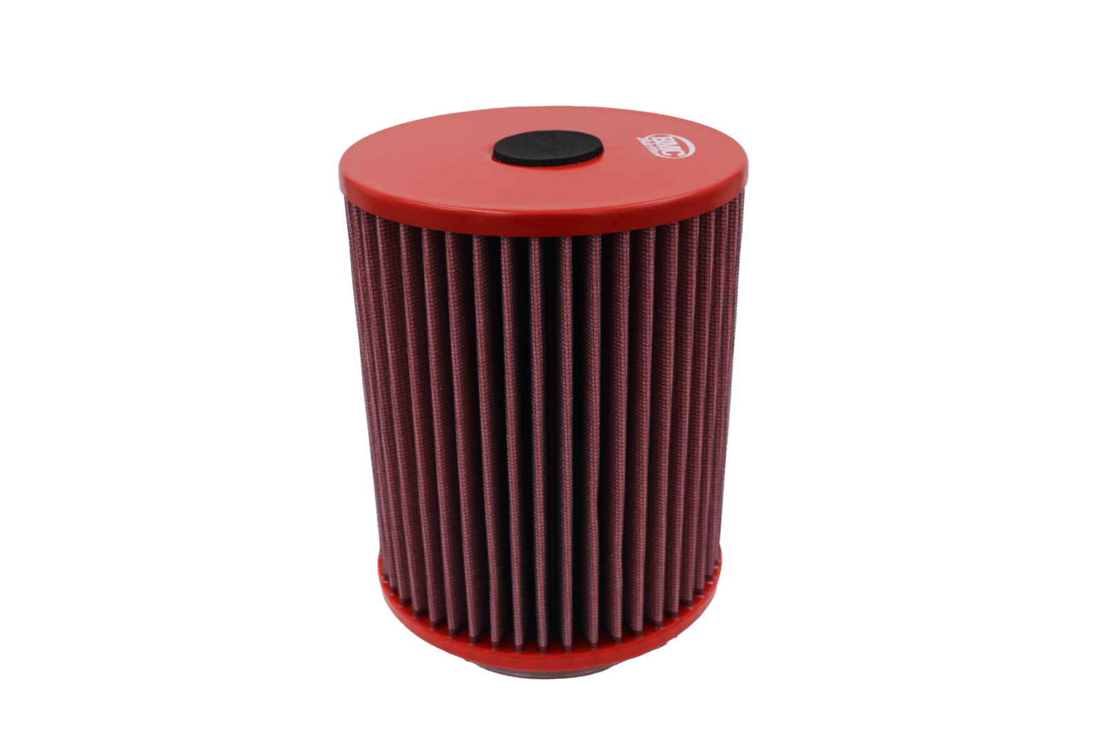 BMC FB743/08 red cotton replacement cylindrical air filter, upright side view