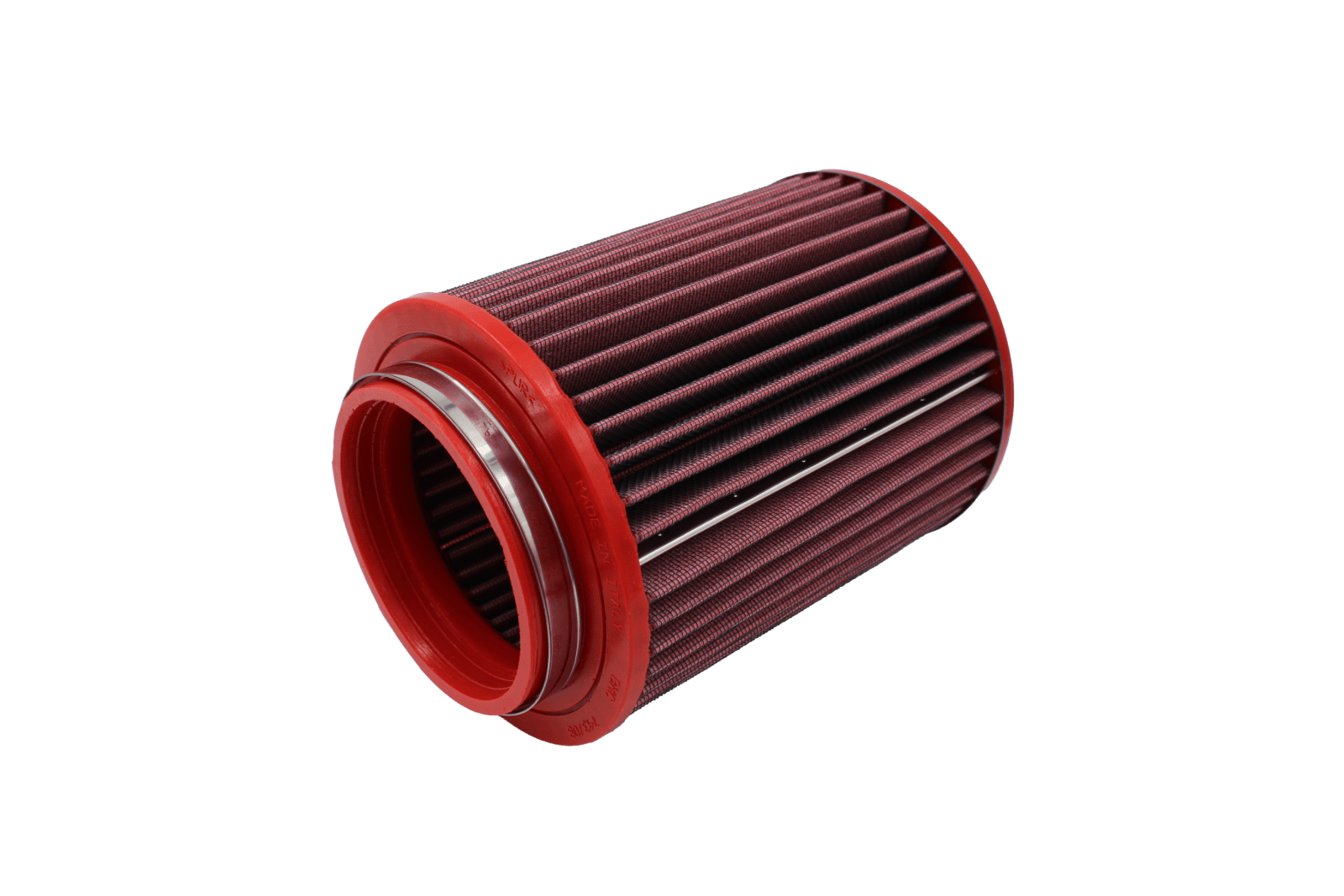 BMC FB743/08 red cotton replacement cylindrical air filter, inlet-end three-quarter view