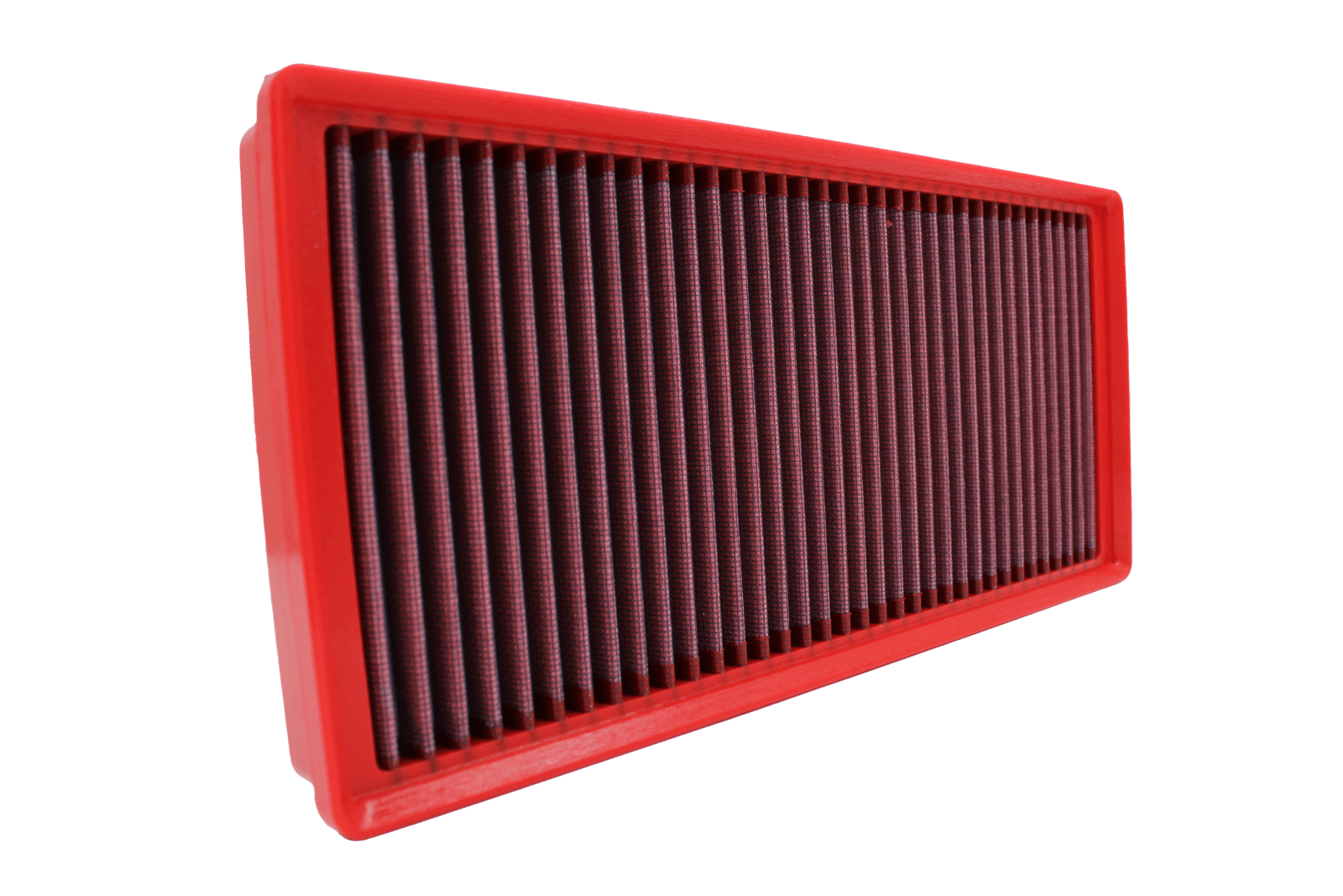 BMC FB748/20 red cotton replacement panel air filter, upright three-quarter view