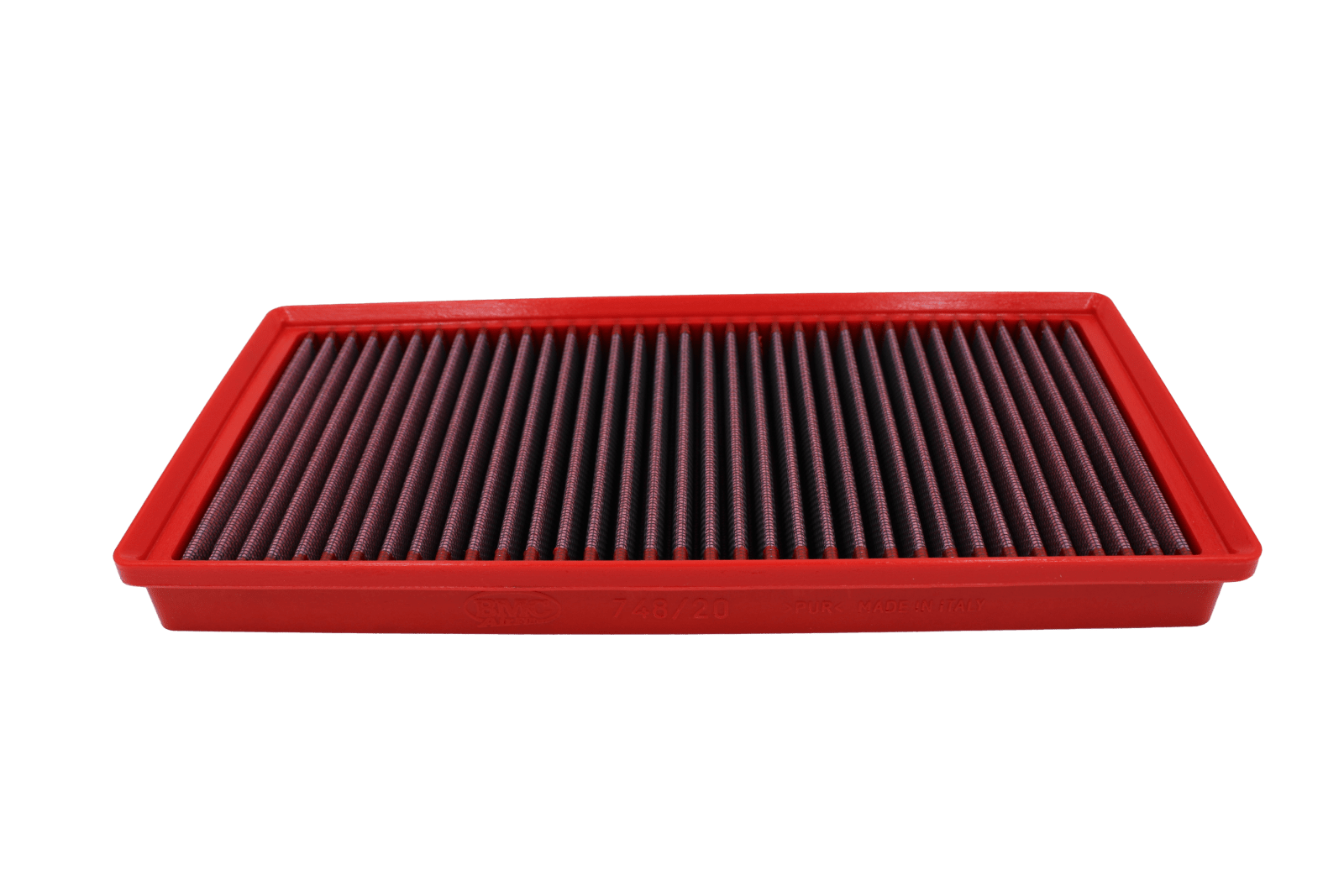 BMC FB748/20 red cotton replacement panel air filter, low three-quarter view