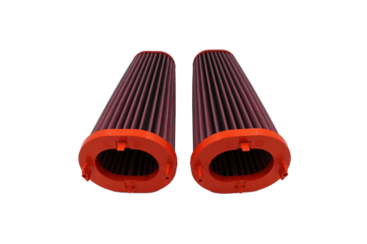 BMC FB750/04 red cotton replacement air filter assembly, two-filter inlet-end perspective view