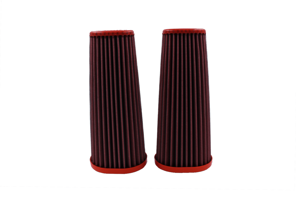 BMC FB750/04 red cotton replacement air filter assembly, two-filter upright side view