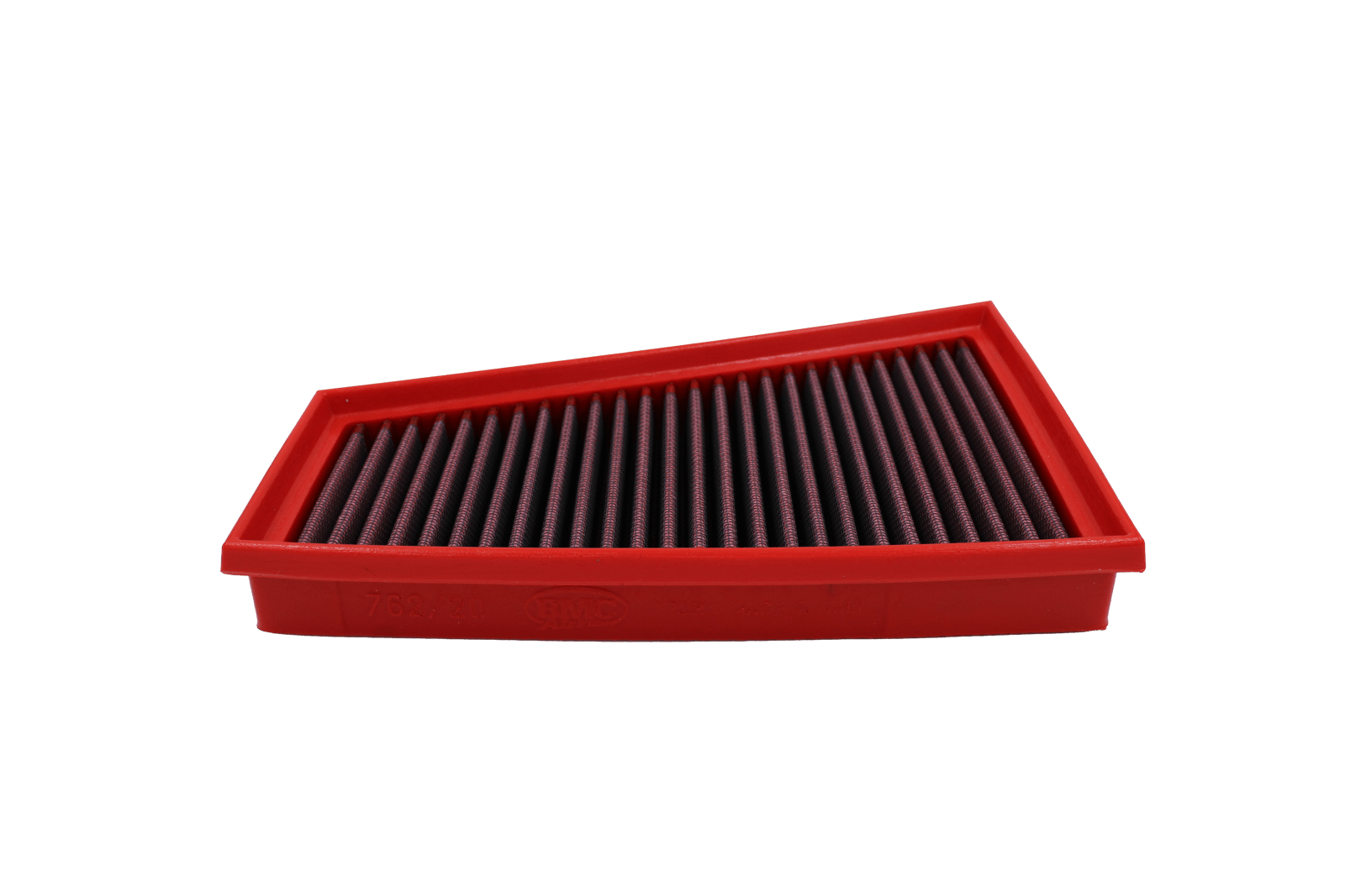 BMC FB762/20 red cotton replacement panel air filter, low three-quarter view