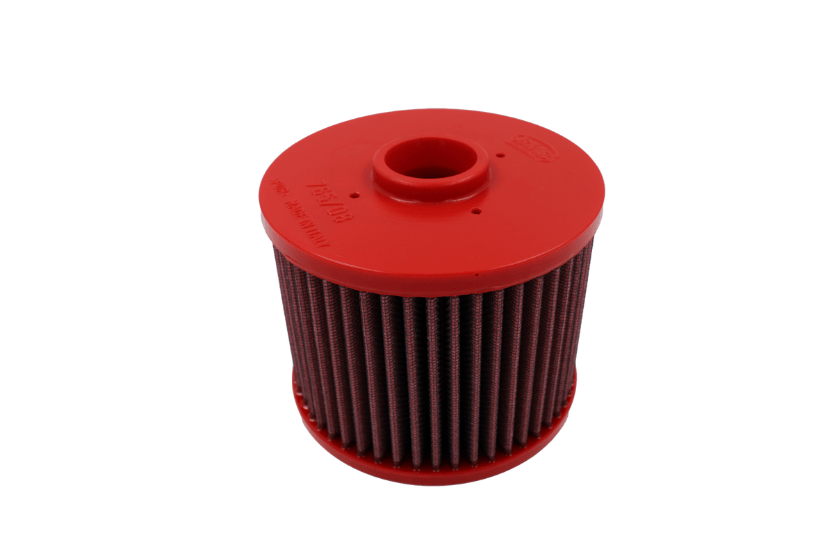 BMC FB765/08 red cotton replacement cylindrical air filter, upright side view