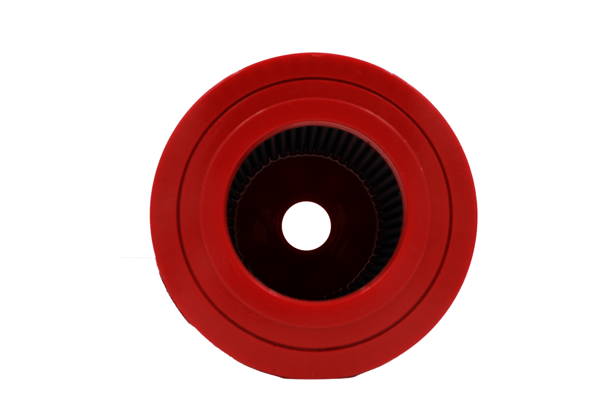 BMC FB765/08 red cotton replacement cylindrical air filter, inlet-end face-on view