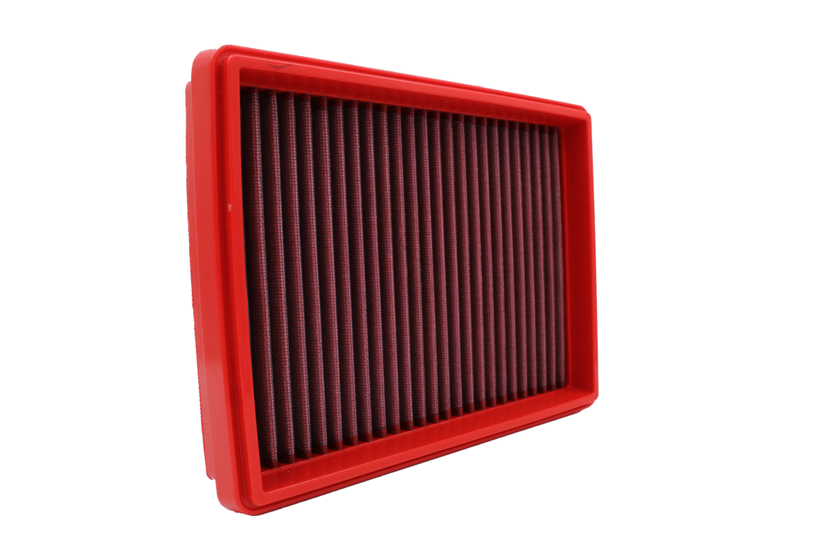 BMC FB766/01 red cotton replacement panel air filter, upright three-quarter view