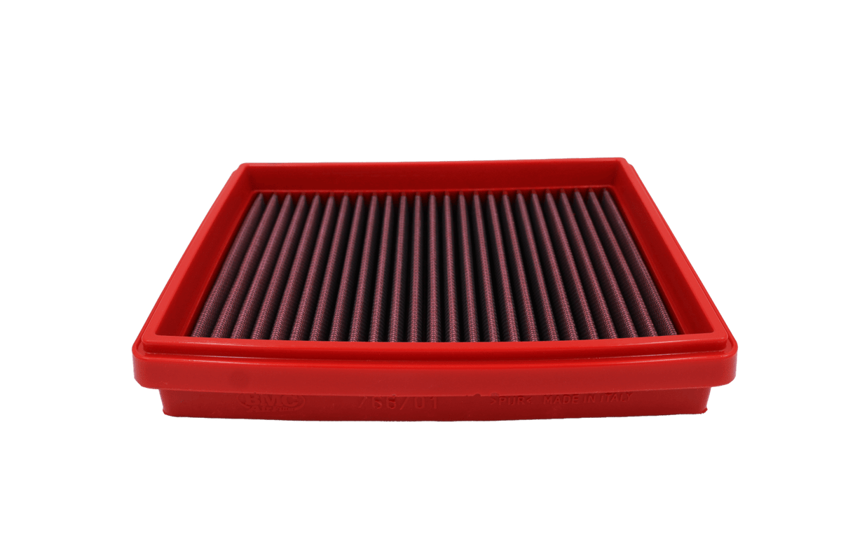 BMC FB766/01 red cotton replacement panel air filter, low three-quarter view