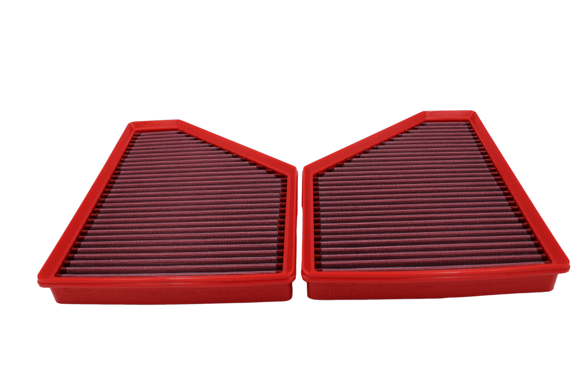 BMC FB771/20 red cotton replacement panel air filter, two-filter face-on view