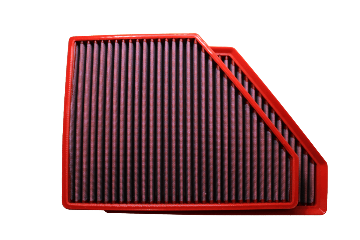 BMC FB771/20 red cotton replacement panel air filter, two-filter upright angled view